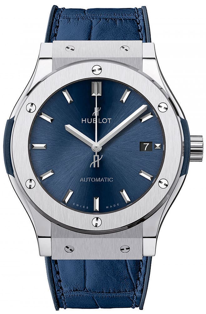 Hublot Classic Fusion Blue Blue Dial on Blue Rubber Ref. 511.NX.7170.LR with Card — 45mm Titanium case, Blue dial, Blue Rubber bracelet. Good.