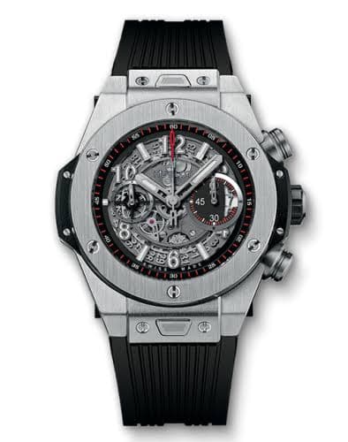 Hublot Big Bang Unico Skeleton Dial on Black / White Rubber Strap Ref. 411.NX.1170.RX with Card 2016 — 44mm Titanium case, Skeleton dial, Black / White Rubber Strap bracelet. Very Good, 2016. OG Box-LA.