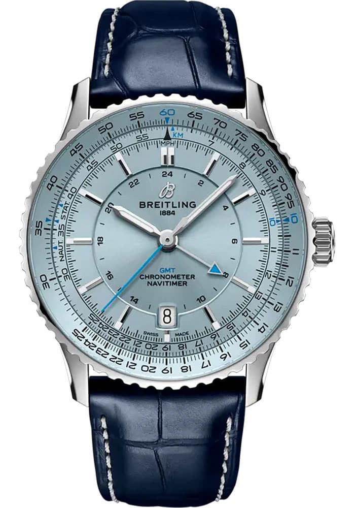 Breitling Navitimer Automatic GMT Ice Blue Dial on Leather Strap Ref. A32310171C1P1 with Card — 41mm Stainless Steel case, Ice Blue dial, Leather Strap bracelet. Very Good.