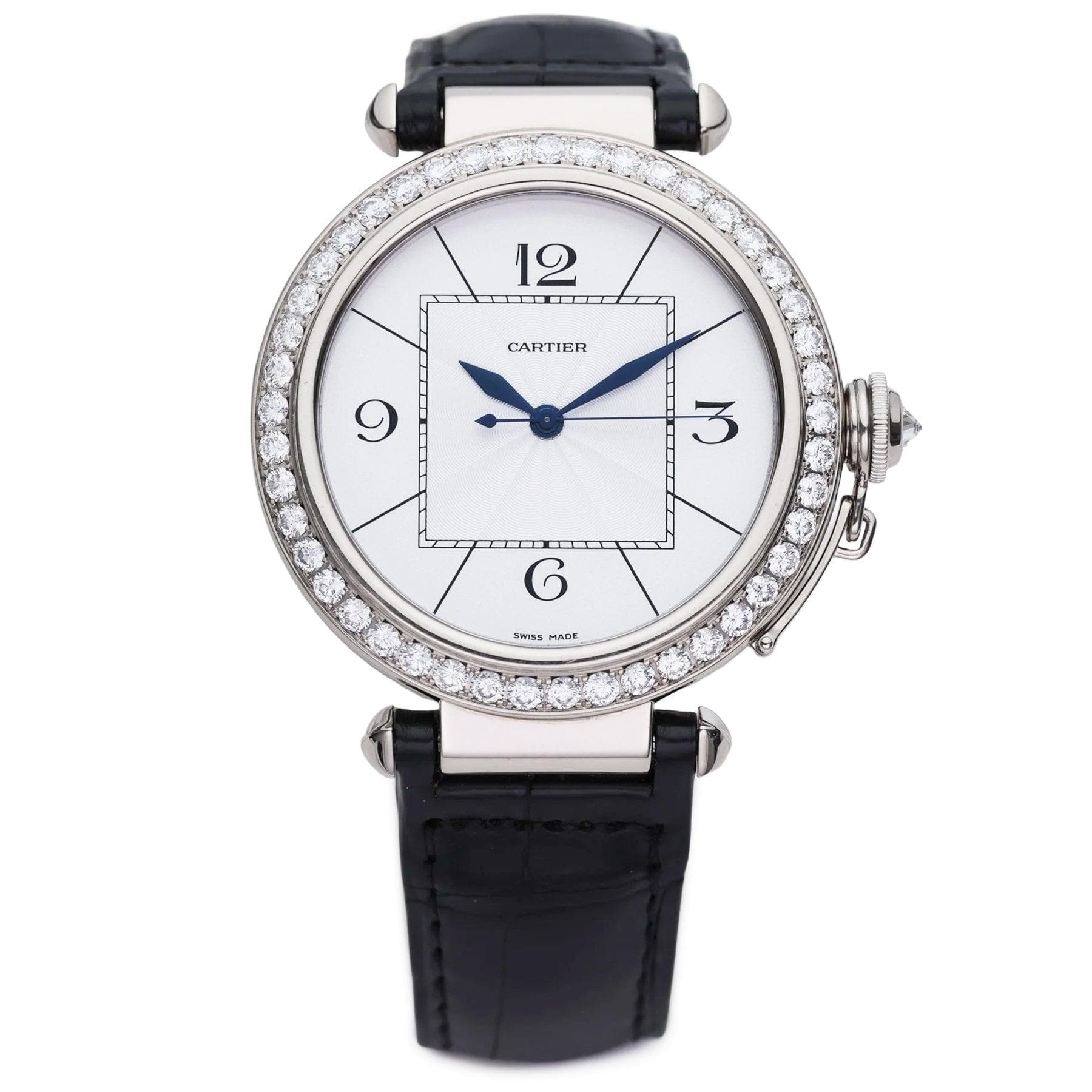 Cartier Pasha WJ120151 — 42mm 18K Rose Gold case, Silver Opaline Arabic dial, Black Leather Strap bracelet. Excellent. Cartier Pasha.