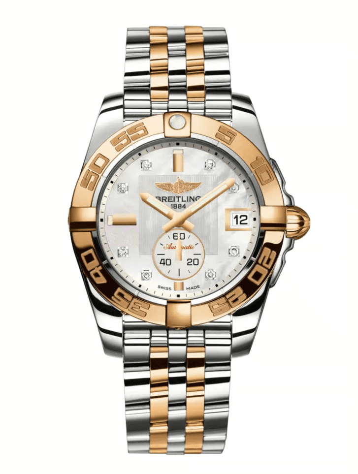 Breitling Galactic Factory White MOP Diamond Dial on 2-Tone Bracelet Ref. C37330121A2C1 — 36mm Stainless Steel & Rose Gold case, Factory White Mop Diamond dial, 2-tone Bracelet bracelet. Excellent.