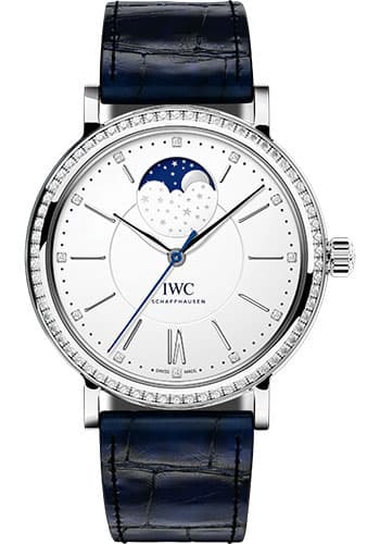 IWC Portofino Automatic Moon Phase 37 Silver Dial on Leather Strap Ref. IW459008 — 37mm Stainless Steel case, Silver dial, Leather Strap bracelet. Excellent.
