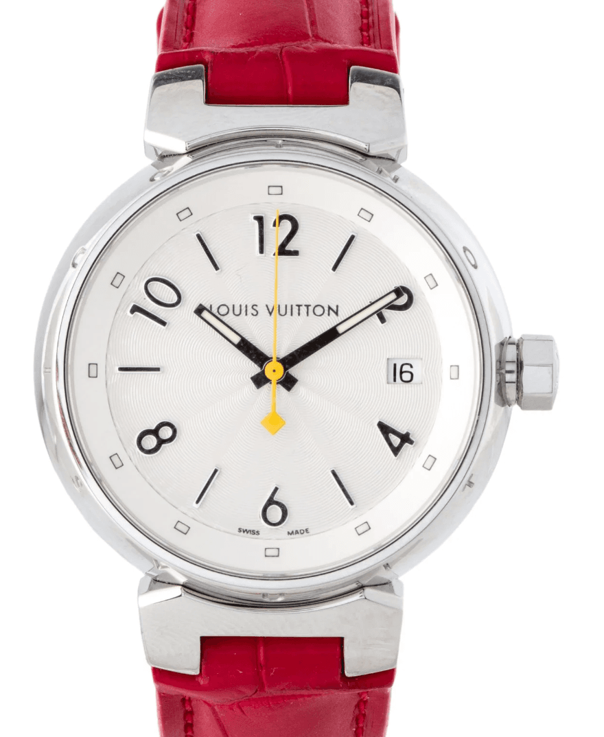 Louis Vuitton Tambour Silver Arabic Numerals Dial on Red Leather Band Ref. Q1310 — 34mm Stainless Steel case, Silver Arabic Numerals dial, Red Leather Band bracelet. Good.