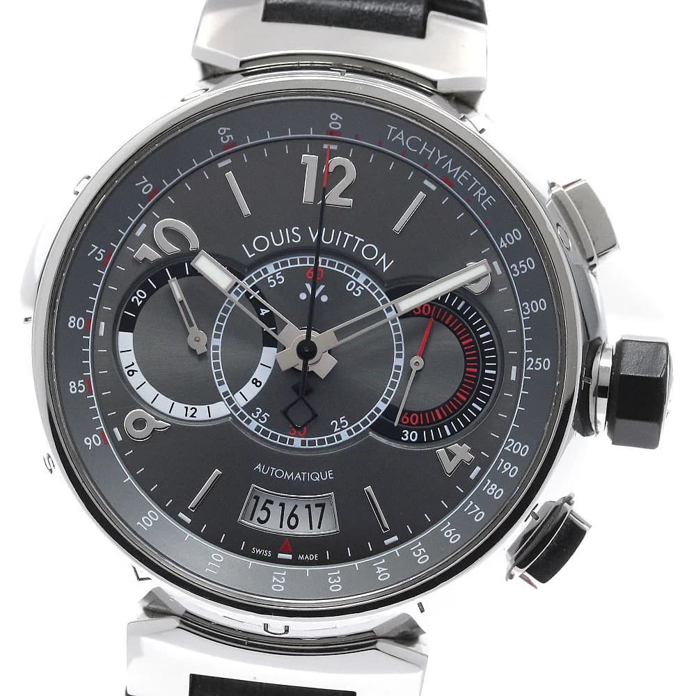 Louis Vuitton Tambour Voyage Slate Grey Dial on Leather Strap Ref. Q102N with Papers 2011 — 44mm Stainless Steel case, Slate Grey dial, Leather Strap bracelet. Excellent, 2011. Og box SF
Extra White Strap
MSRP $6,250.