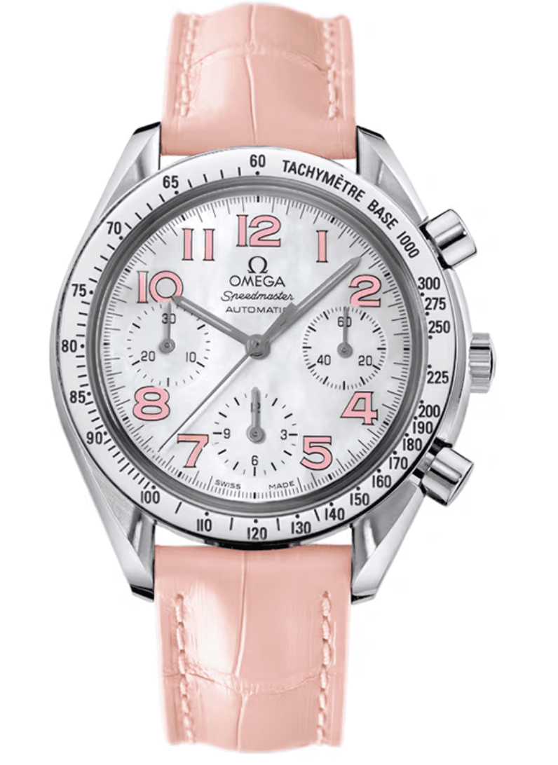 Omega Speedmaster White MOP Dial on Leather Strap Ref. 3834.74.34 — 39mm Stainless Steel case, White Mop dial, Leather Strap bracelet. Fair.