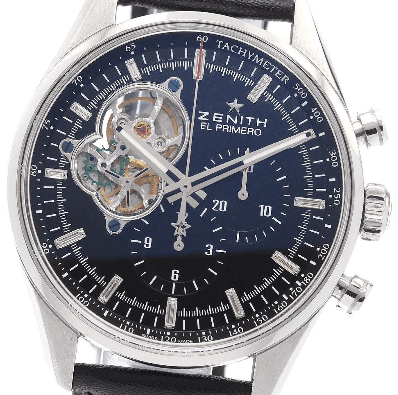 Zenith El Primero Chronomaster Black Dial on Black Leather Band Ref. 03.2080.4061/21.C496 with Manuals Only — 42mm Stainless Steel case, Black dial, Black Leather Band bracelet. Good. Limited 20 pieces.