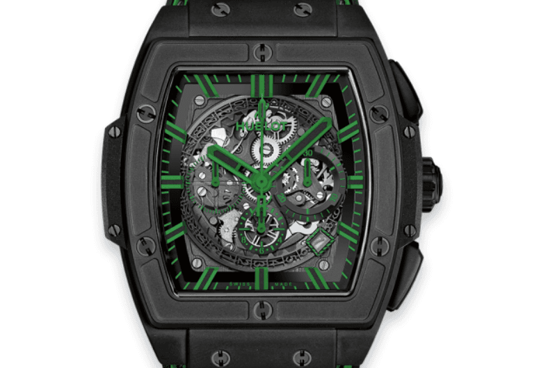 Hublot Spirit of Big Bang B/P Black with Green Markers Dial on Leather/Rubber Ref. 601.CG.0190.LR with Card 2020 — 45mm Ceramic case, Black With Green Markers dial, Leather/rubber bracelet. Very Good, 2020. OG Box, Card & 4 extra set of Bands..