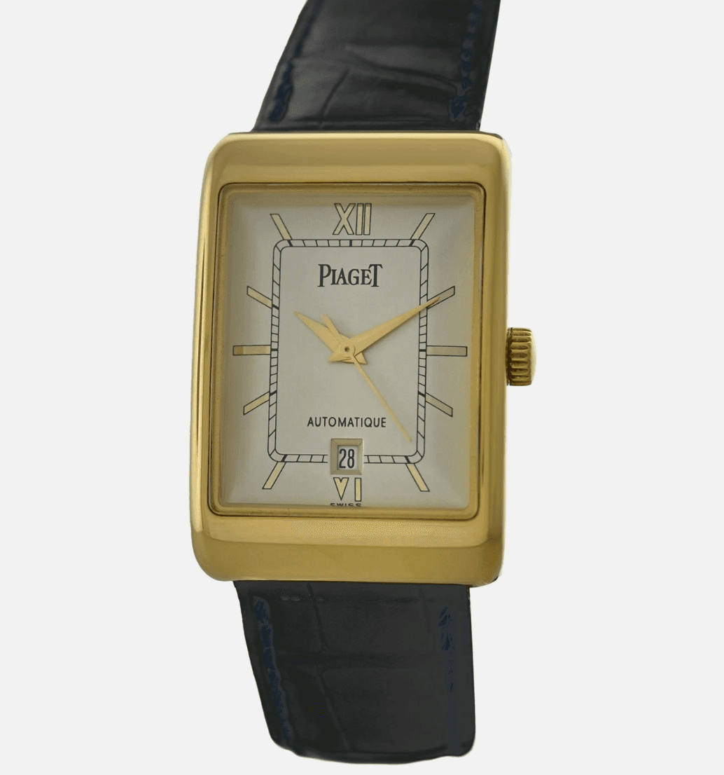 PIAGET Protocole 18952 Silver Dial on Leather Band Ref. 18952 — 24 x 35 mm 18k Yellow Gold case, Silver dial, Leather Band bracelet. Very Good.