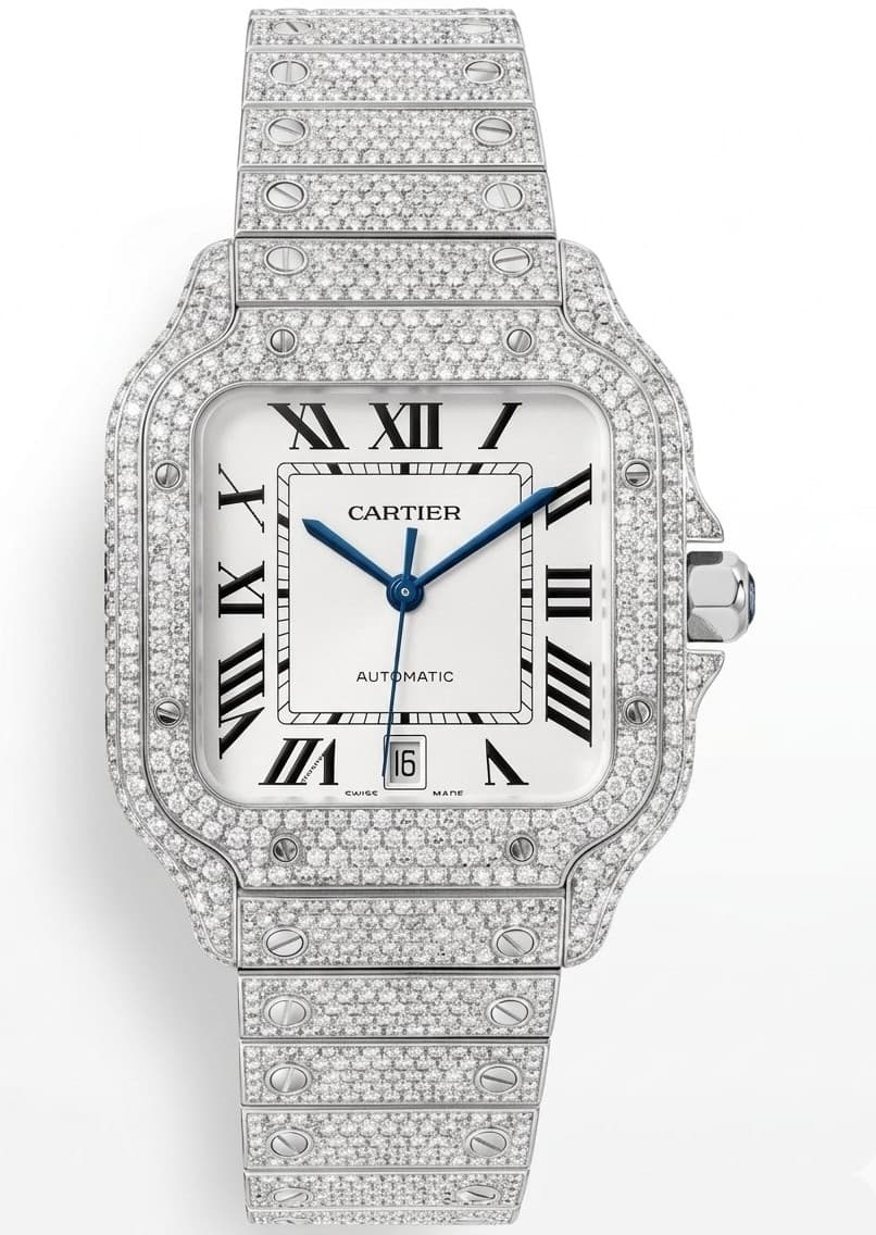 Cartier Santos WSSA0030 — 40mm Stainless Steel case, Roman Diamond dial, Cartier Diamond bracelet. Excellent, 2023. Iced Out.