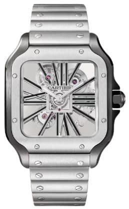 Cartier Santos WHSA0027 — 39.8mm Stainless Steel case, Skeleton dial, Cartier Bracelet bracelet. 2022.