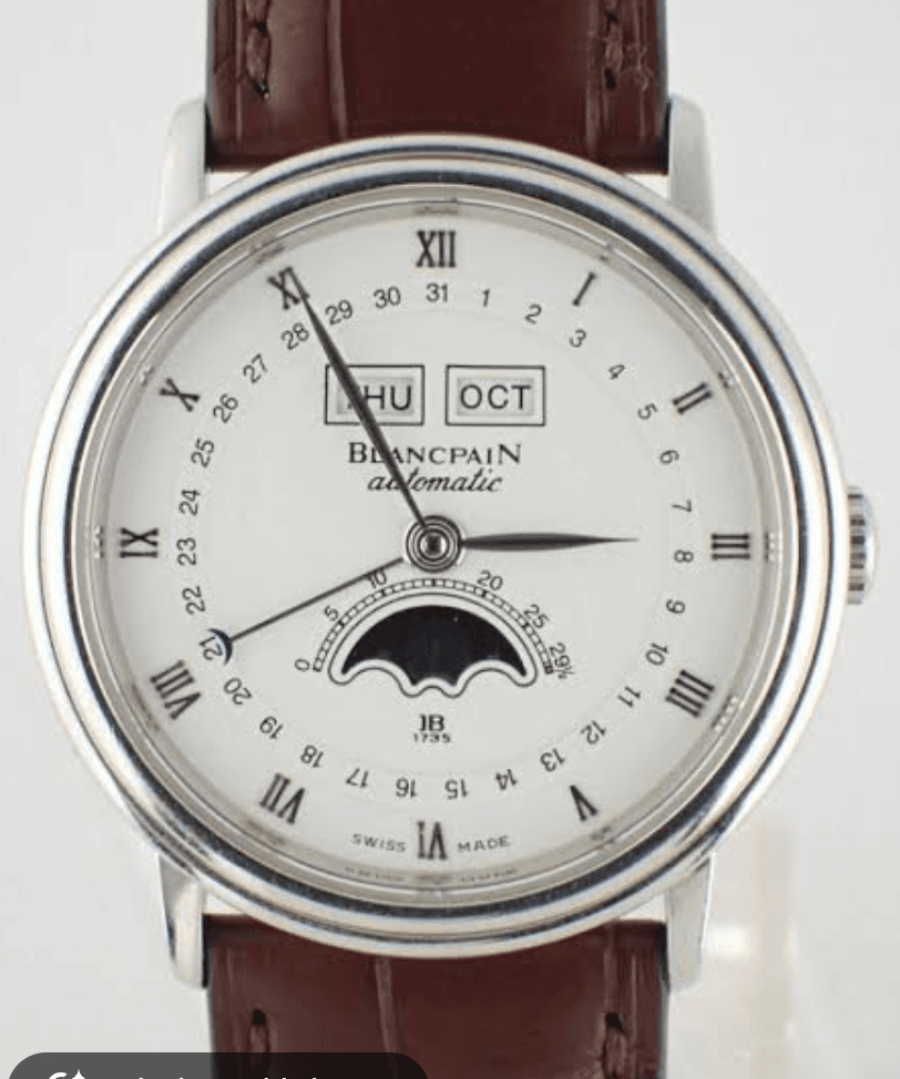 Blancpain Villeret Triple Calender White Roman Numerals Dial on Leather Strap / SS Buckle Ref. B6553.1127A.55 with Papers 2004 — 34mm Stainless Steel case, White Roman Numerals dial, Leather Strap / SS Buckle bracelet. Very Good, 2004. OG Box.