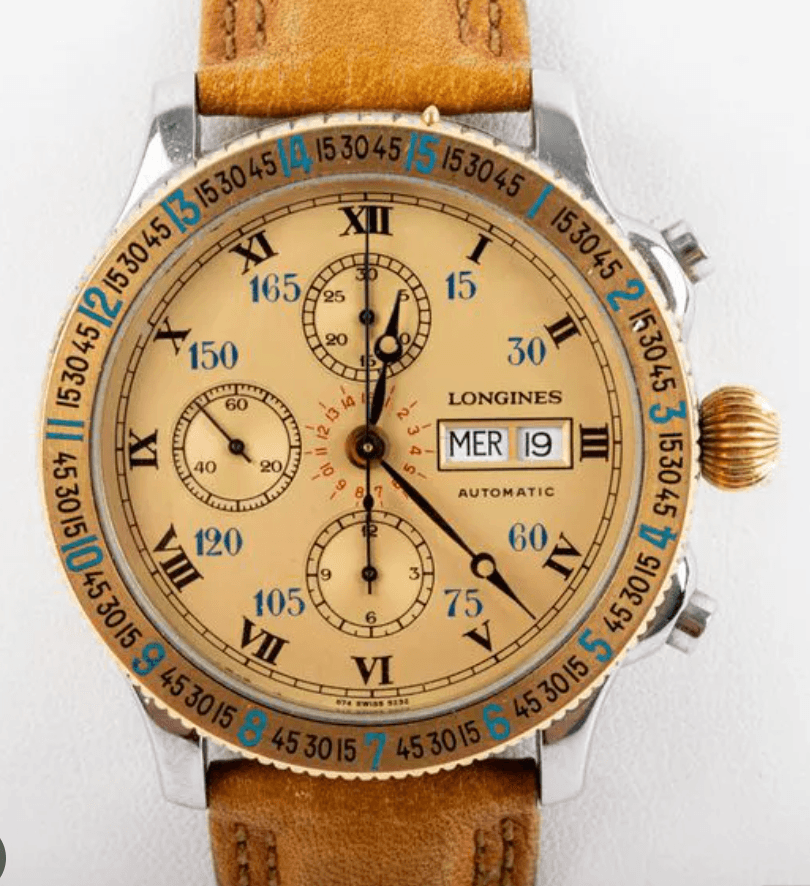 Longines Lindbergh Hour Angle Ivory Dial on OG Leather band Ref. 674.5232 — 42mm Stainless Steel case, Ivory dial, Og Leather Band bracelet. Very Good. OG Box in Fair condition.