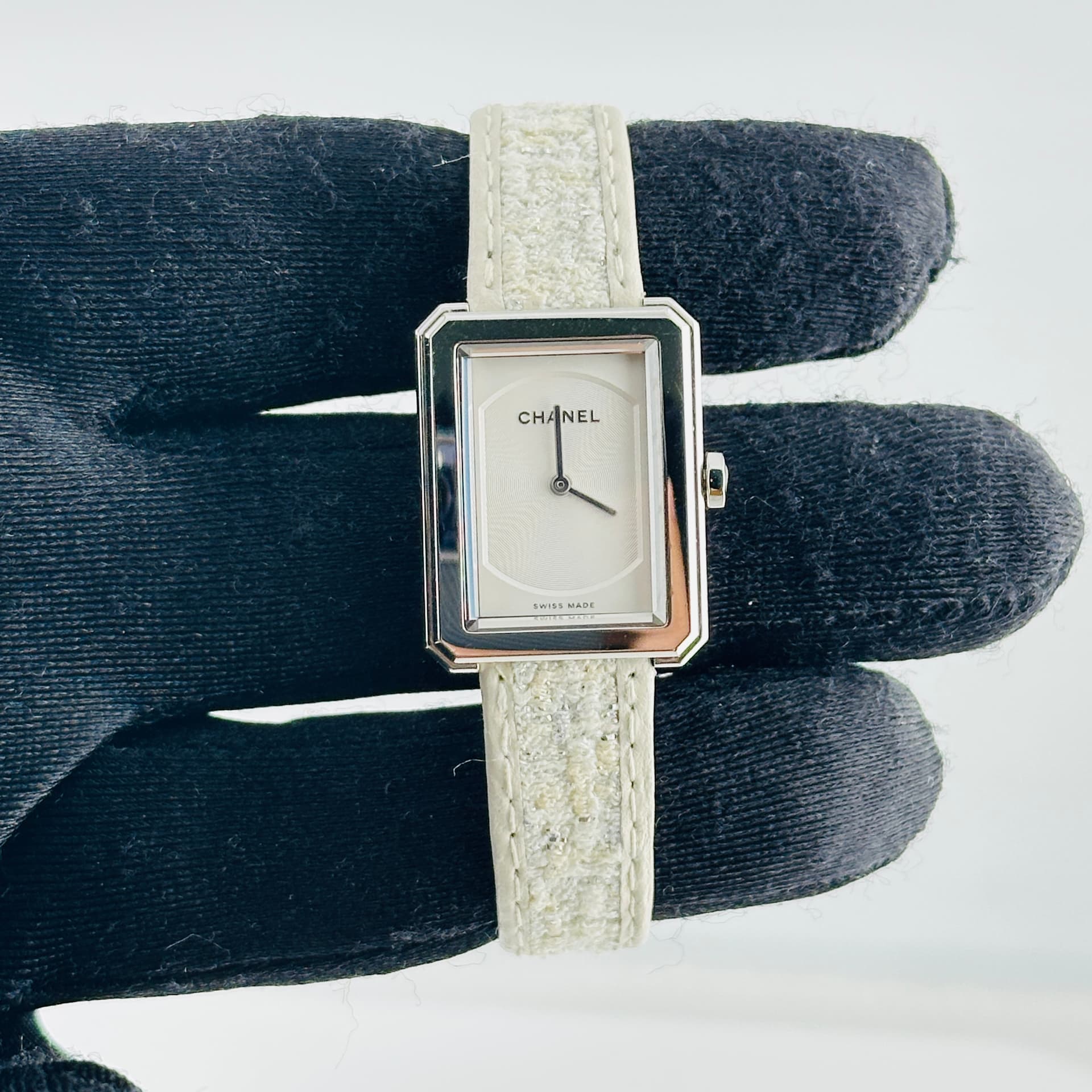 Chanel Boyfriend White Dial on Leather Ref. H0001 — 21.5 x 27.9 mm Stainless Steel case, White dial, Leather bracelet. Very Good. OG BOX , Extra leather strap.