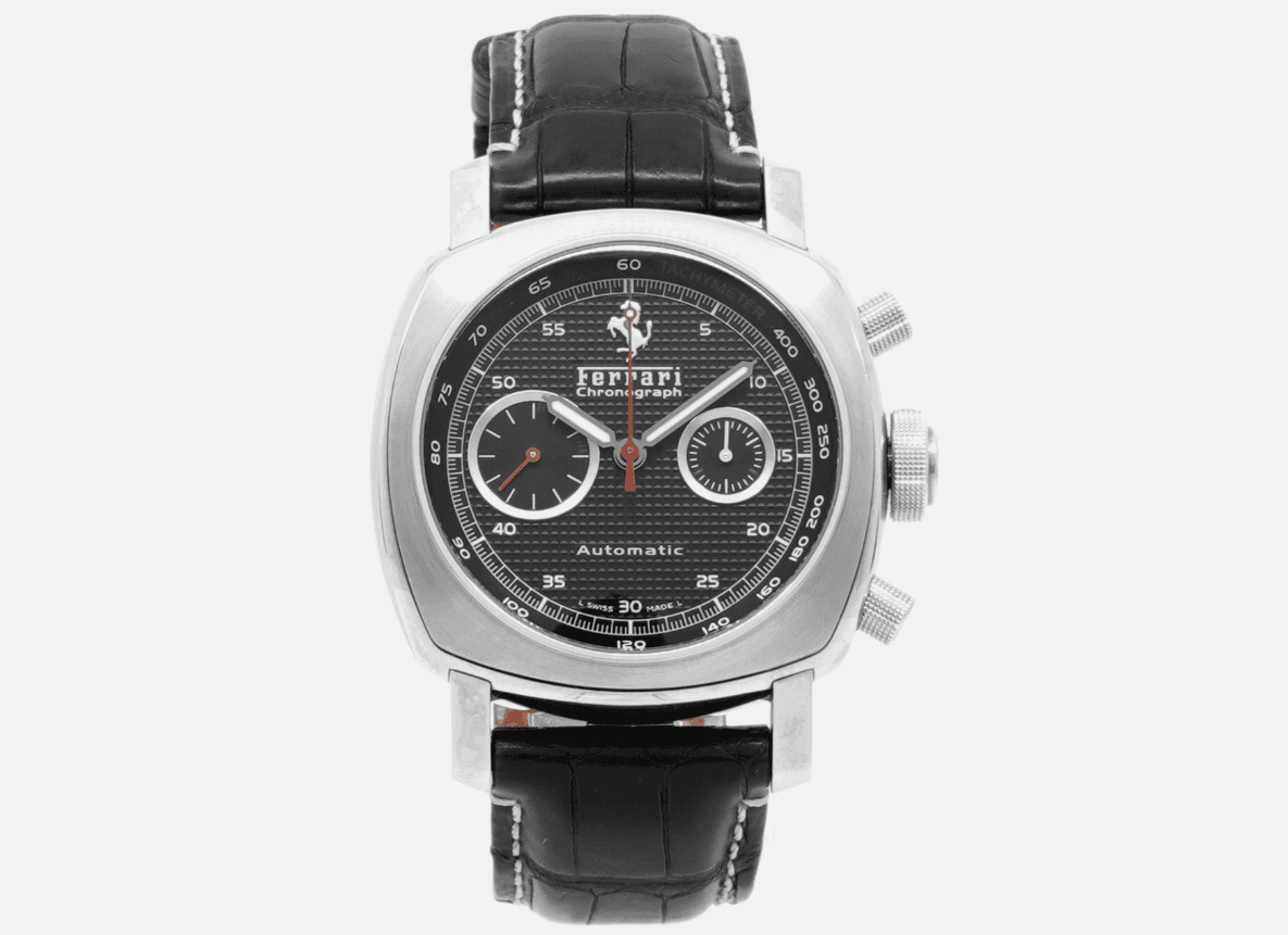 Panerai Ferrari GT Chronograph Black Dial on Rubber Strap Ref. F6656 with Card — 44mm Stainless Steel case, Black dial, Rubber Strap bracelet. Excellent. OG Box, Card, Booklets,
& Extra Leather Strap.
watch no 467/800.
