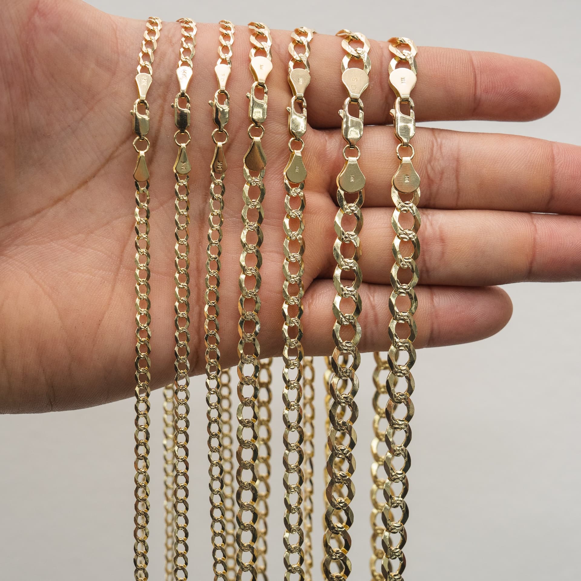Solid 14K Yellow Gold Curb Chain, 7.5mm Wide, Diamond-cut Finish, Made To Order., view 5