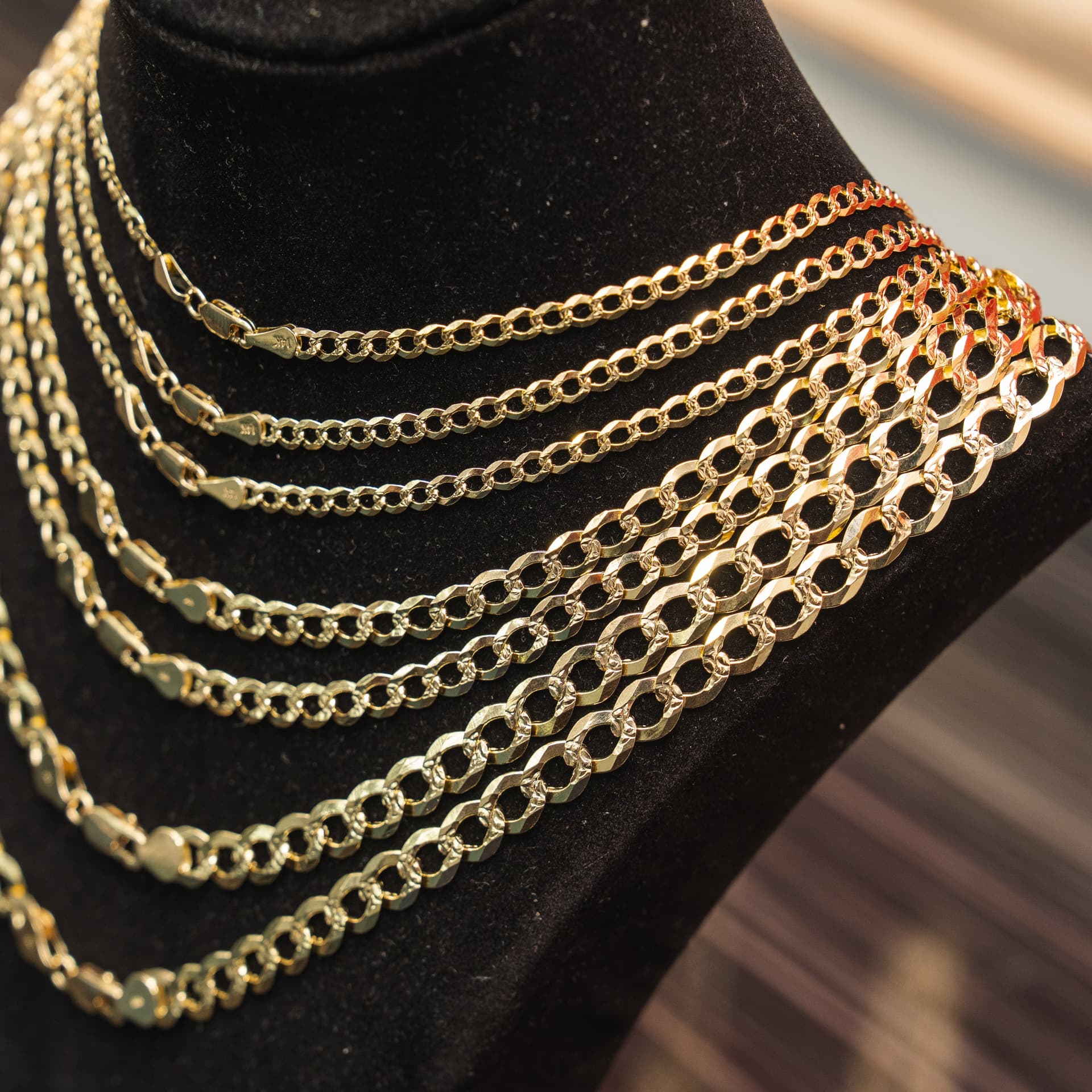 Solid 14K Yellow Gold Curb Chain, 7.5mm Wide, Diamond-cut Finish, Made To Order.