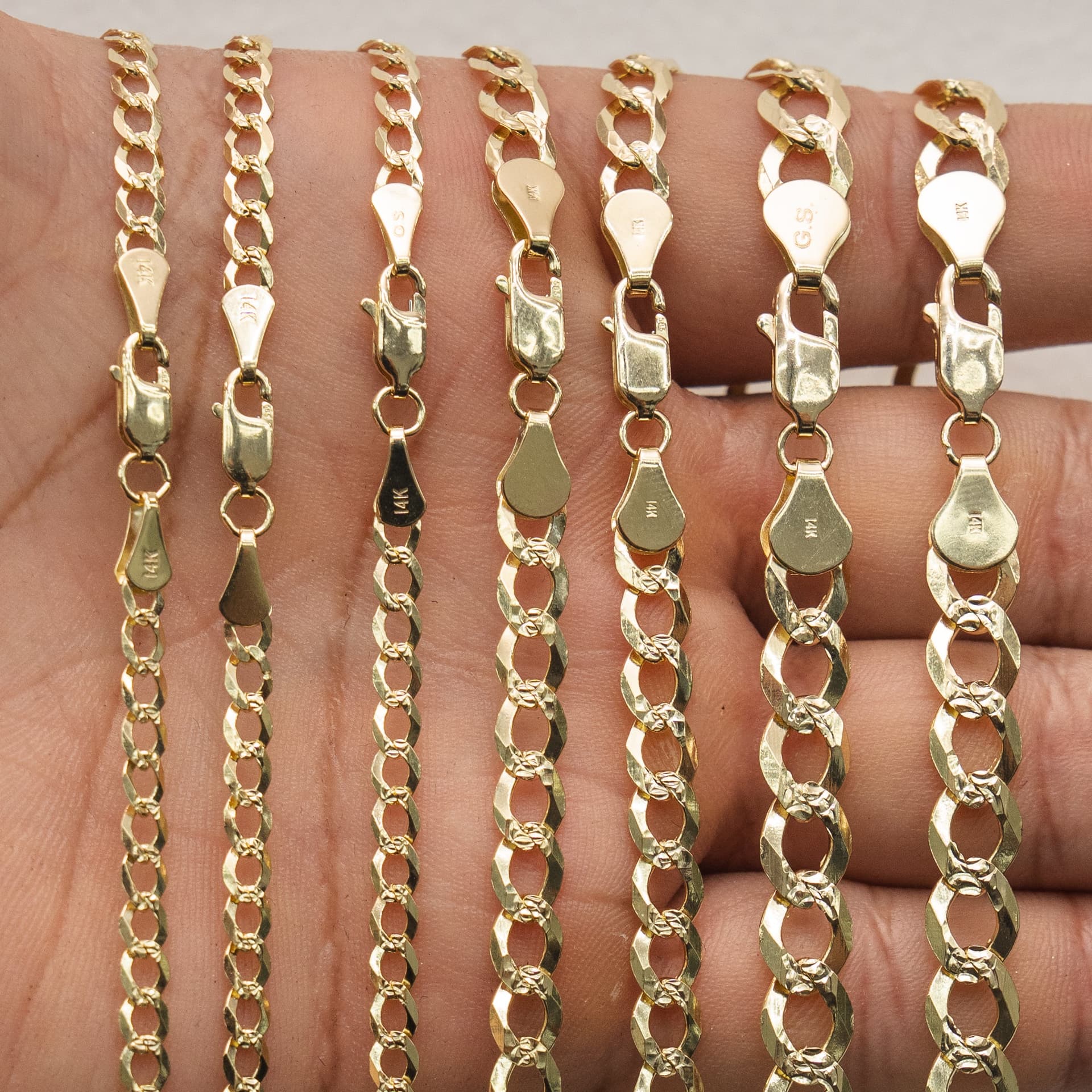 Solid 14K Yellow Gold Curb Chain, 7.5mm Wide, Diamond-cut Finish, Made To Order., view 4