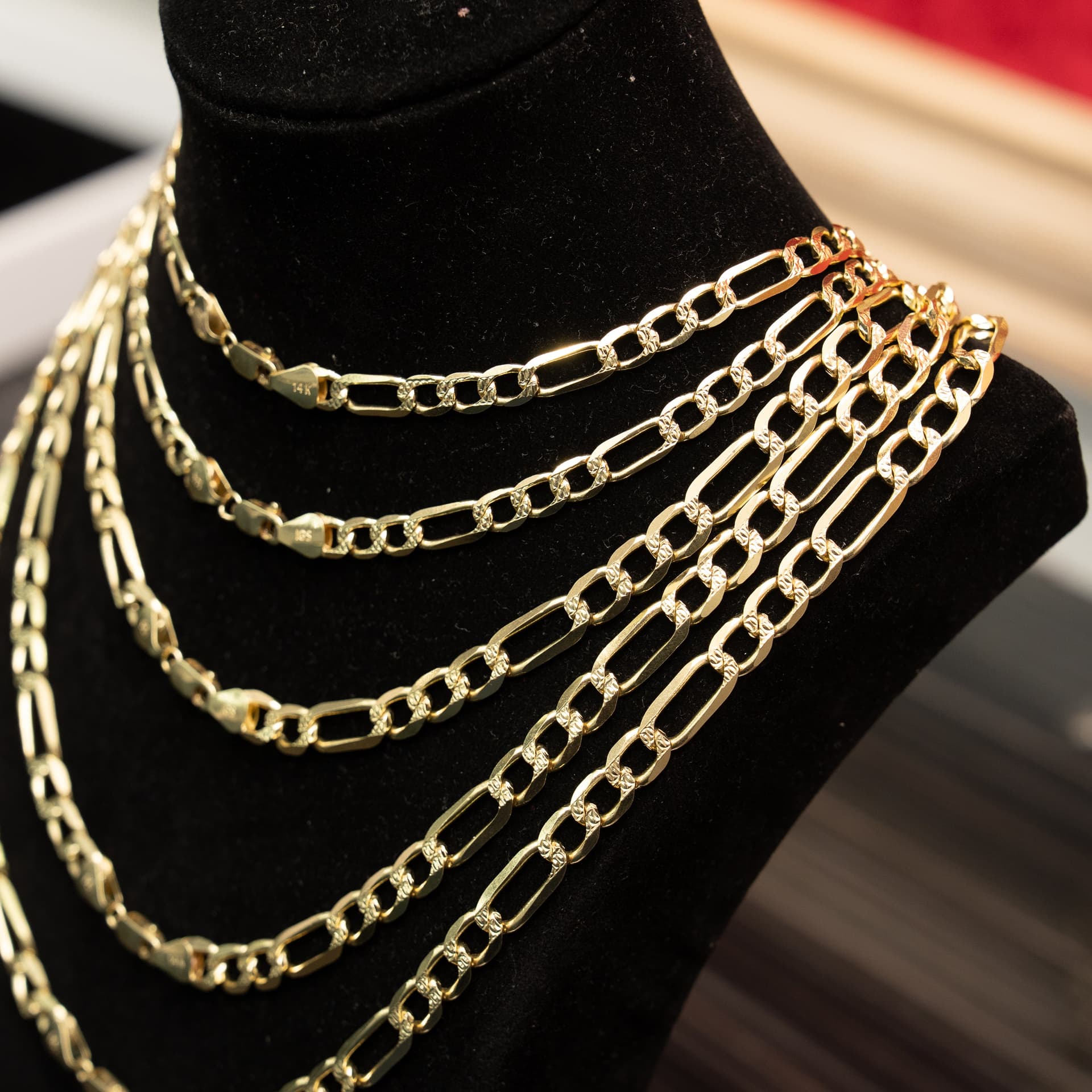 Solid 14K Yellow Gold Figaro Chain, 6mm Wide, Diamond-cut Finish, Made To Order., view 3