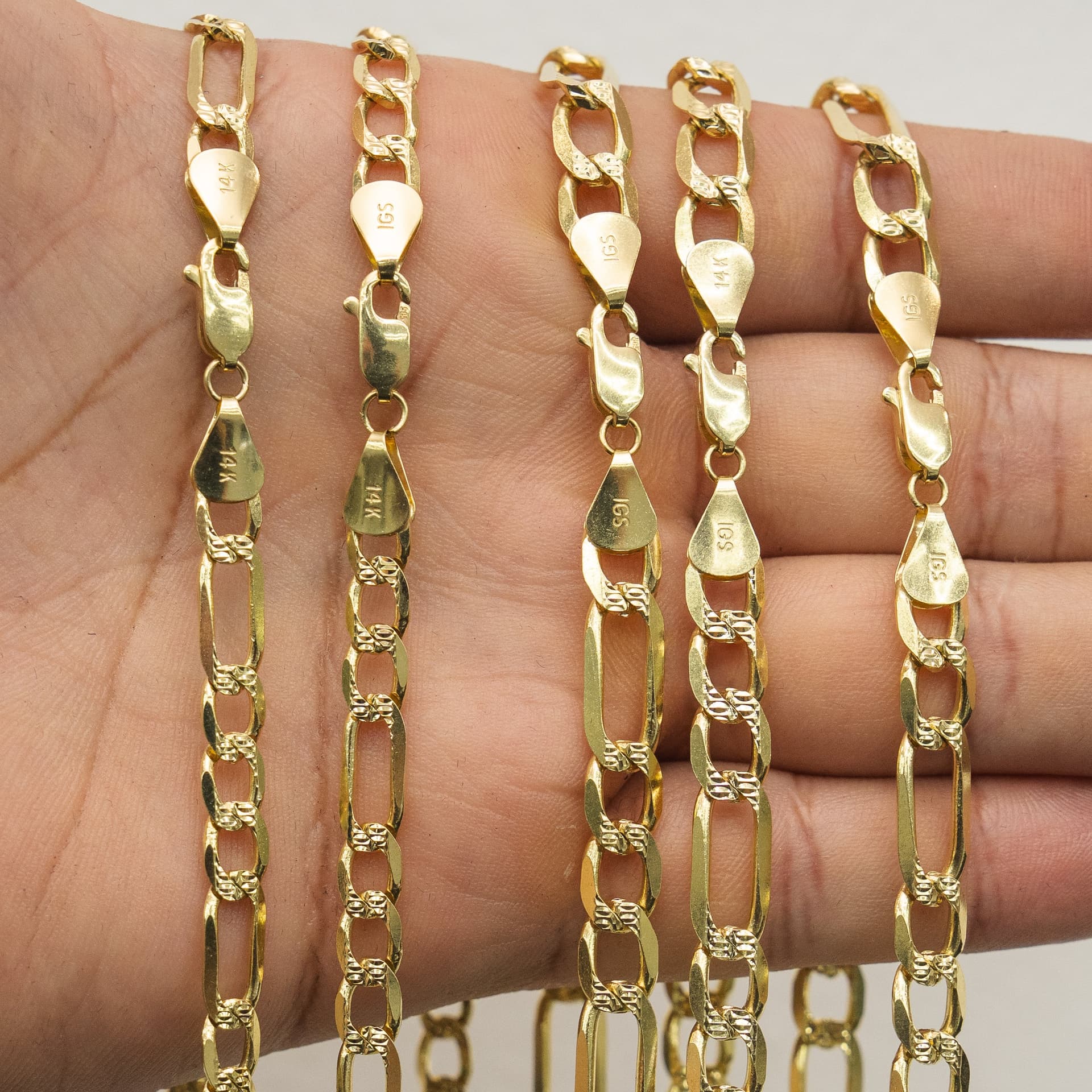 Solid 14K Yellow Gold Figaro Chain, 6mm Wide, Diamond-cut Finish, Made To Order., view 4