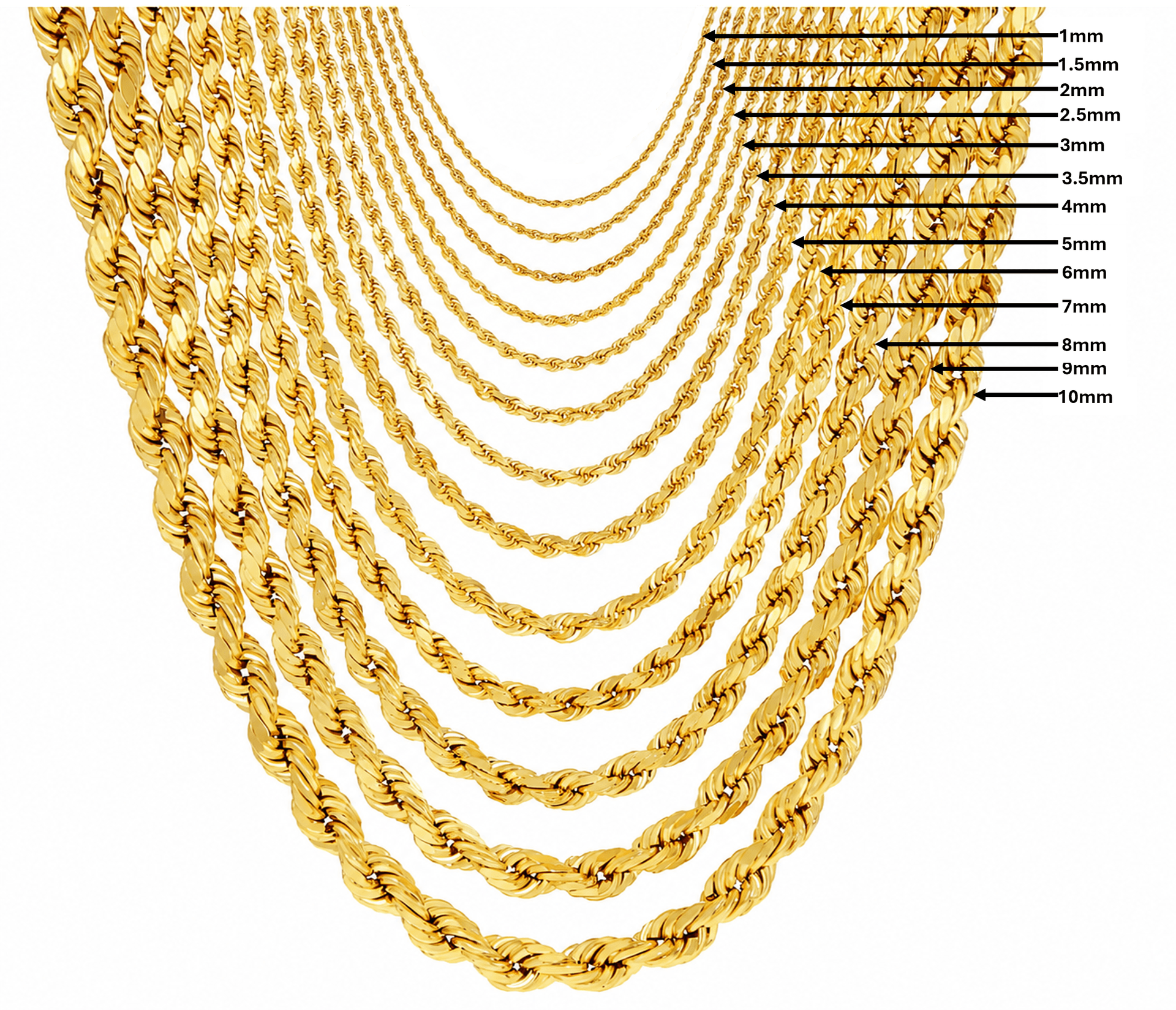Solid 14K Yellow Gold Rope Chain, 3mm Wide, Diamond-cut Finish, Made To Order.